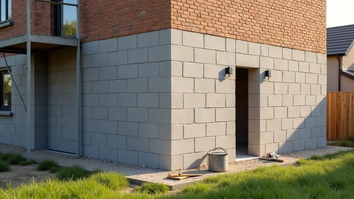 Angle d'une maison en construction à Bourg-en-Bresse, assises de blocs montées à joints décalés sur leur semelle