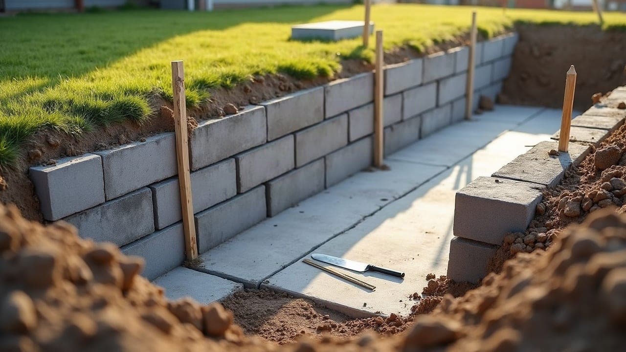 Mur en parpaing en cours de construction sur une fondation coulée, chantier de maçonnerie générale en extérieur