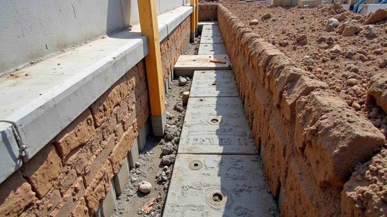 Tranchée de reprise en sous-œuvre creusée au pied d'une façade, semelle de béton coulée par section avec étaiement contre le mur