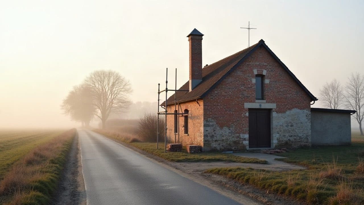 Ferme bressane isolée dans le brouillard matinal de la plaine d'Attignat, cheminée sarrasine, échafaudage et briques au pied du pignon