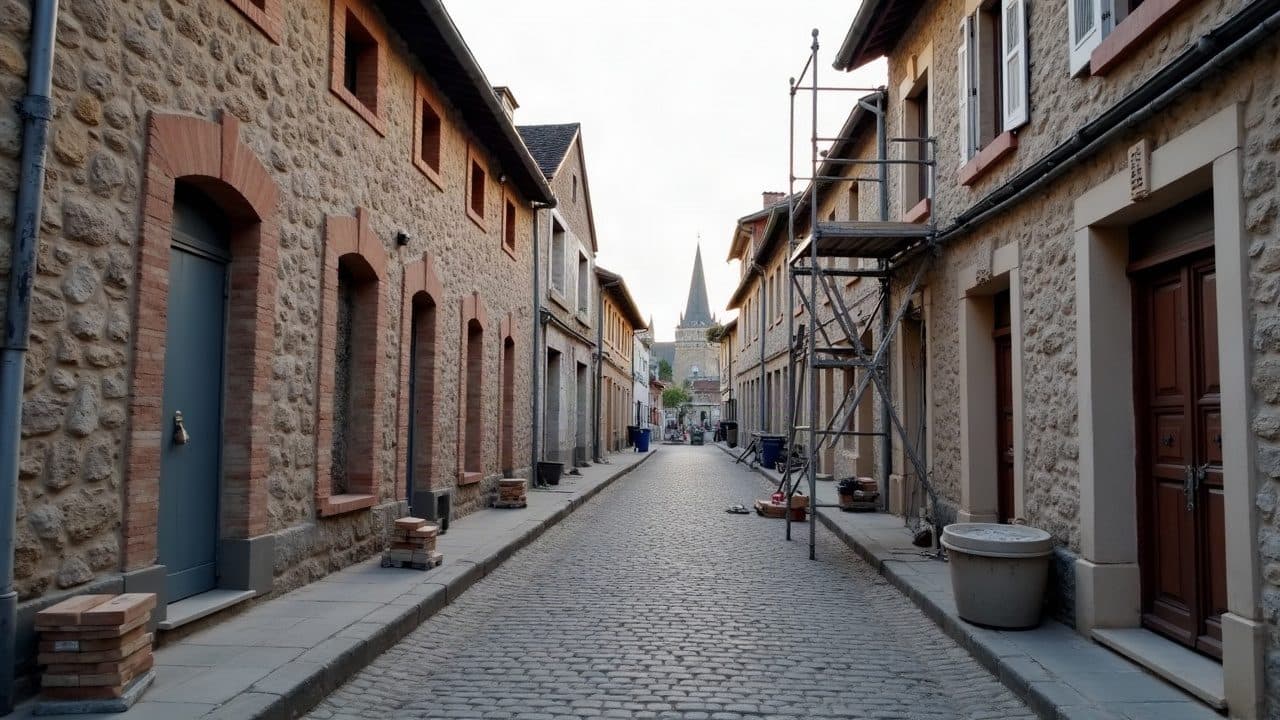 Rue du centre ancien de Bourg-en-Bresse au petit matin, façades en galets roulés et carronnage de brique, échafaudage sur une façade en rénovation, clocher de la collégiale au loin