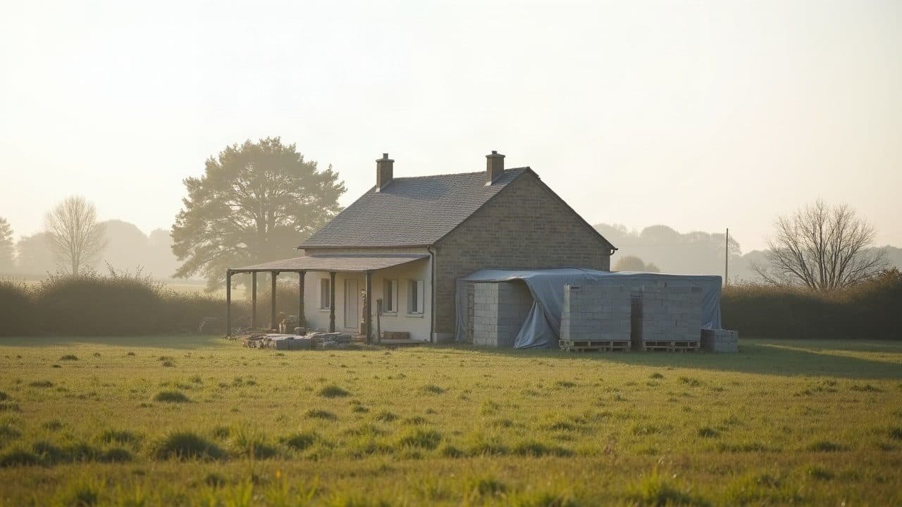Ferme isolée dans un hameau dispersé de Bresse Vallons, matériaux de construction bâchés et empilés à côté du bâtiment, prairie brumeuse au premier plan