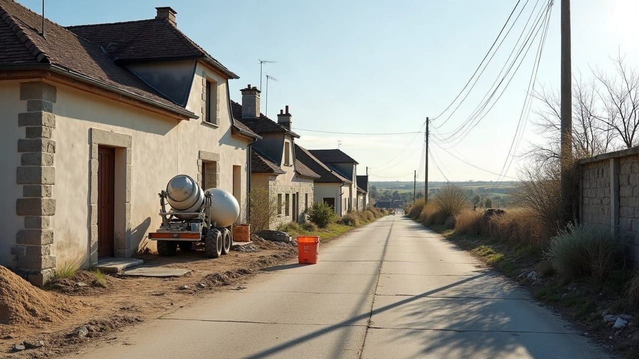 Rue de Buellas entre Bourg-en-Bresse et la Dombes, bétonnière de chantier devant une maison, route ouverte sur la campagne
