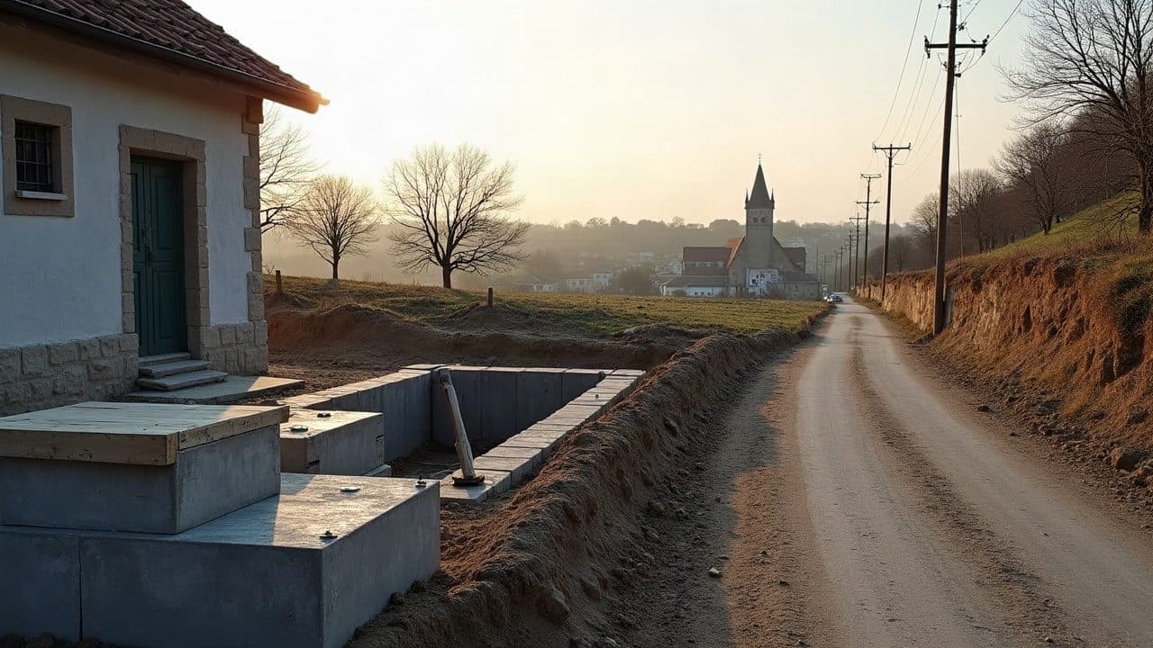 Fondations en cours de coulage devant une maison de Certines, tranchée et coffrage, clocher du village visible au loin sur la route vers la vallée de l'Ain
