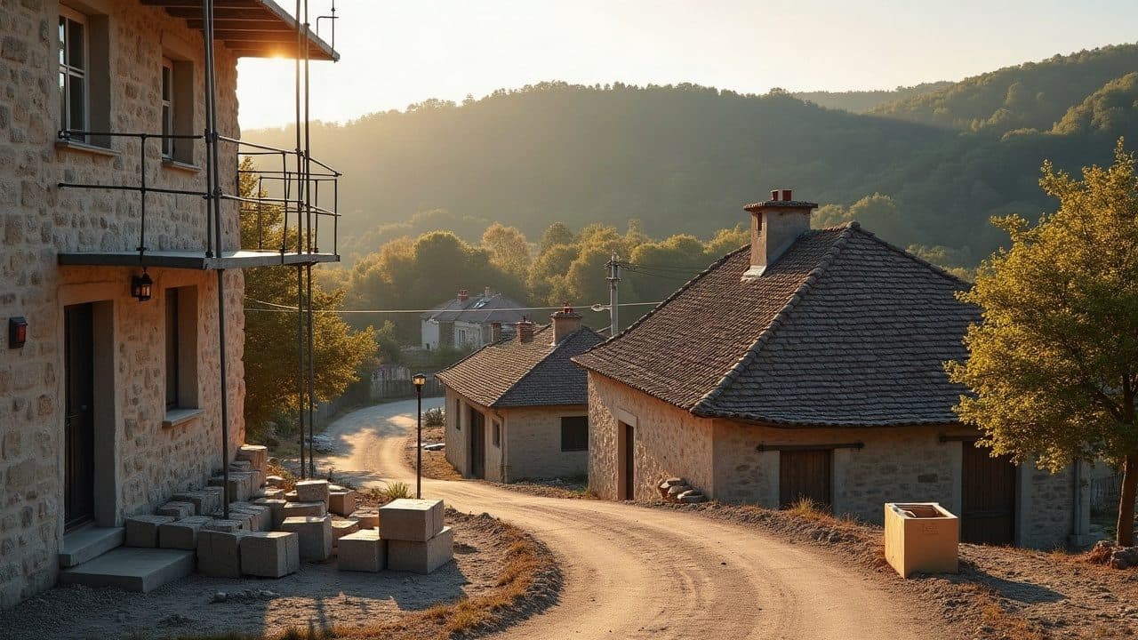 Village de Ceyzériat adossé au relief boisé du Revermont, échafaudage et pierres empilées au pied d'une façade, ruelle en lumière dorée