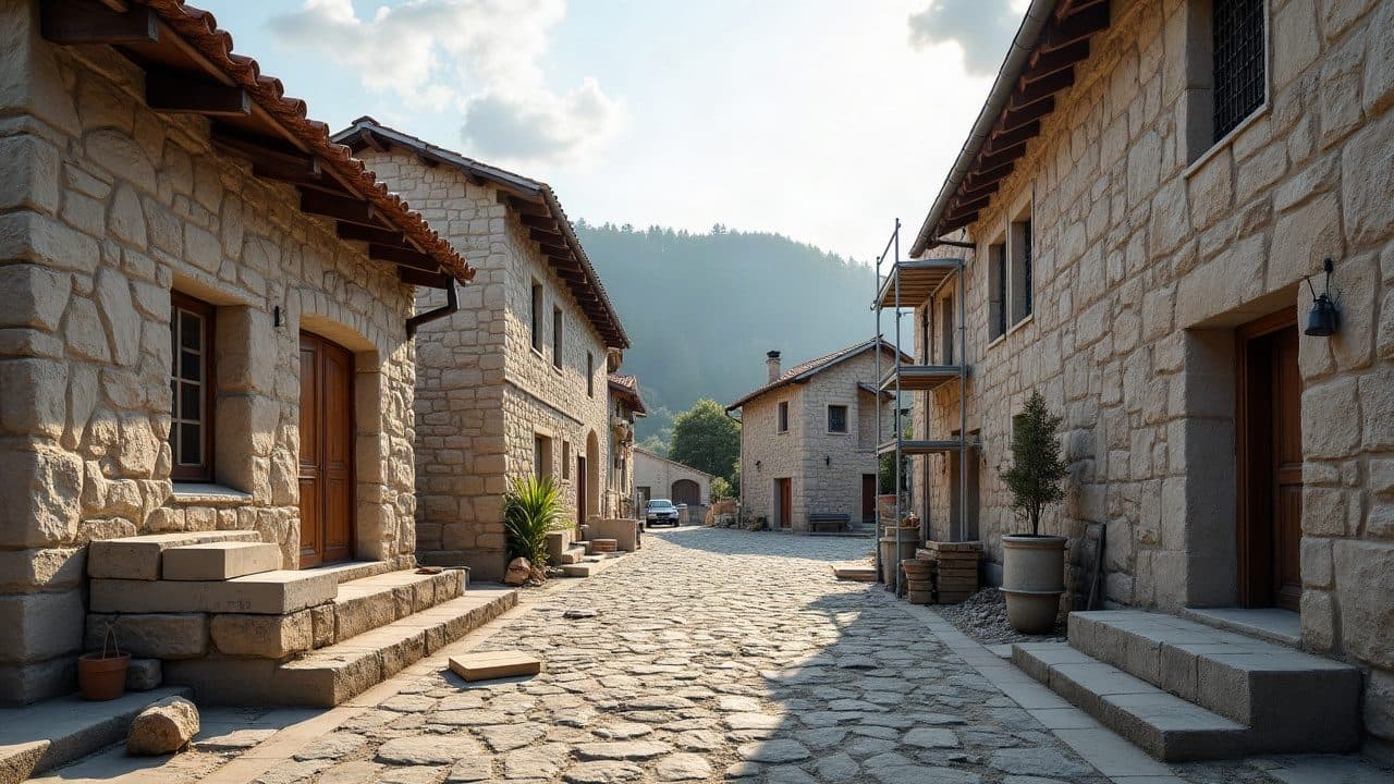 Petite place du village ancien de Jasseron adossé au Revermont, façades en pierre, échafaudage sur une maison, colline boisée au loin