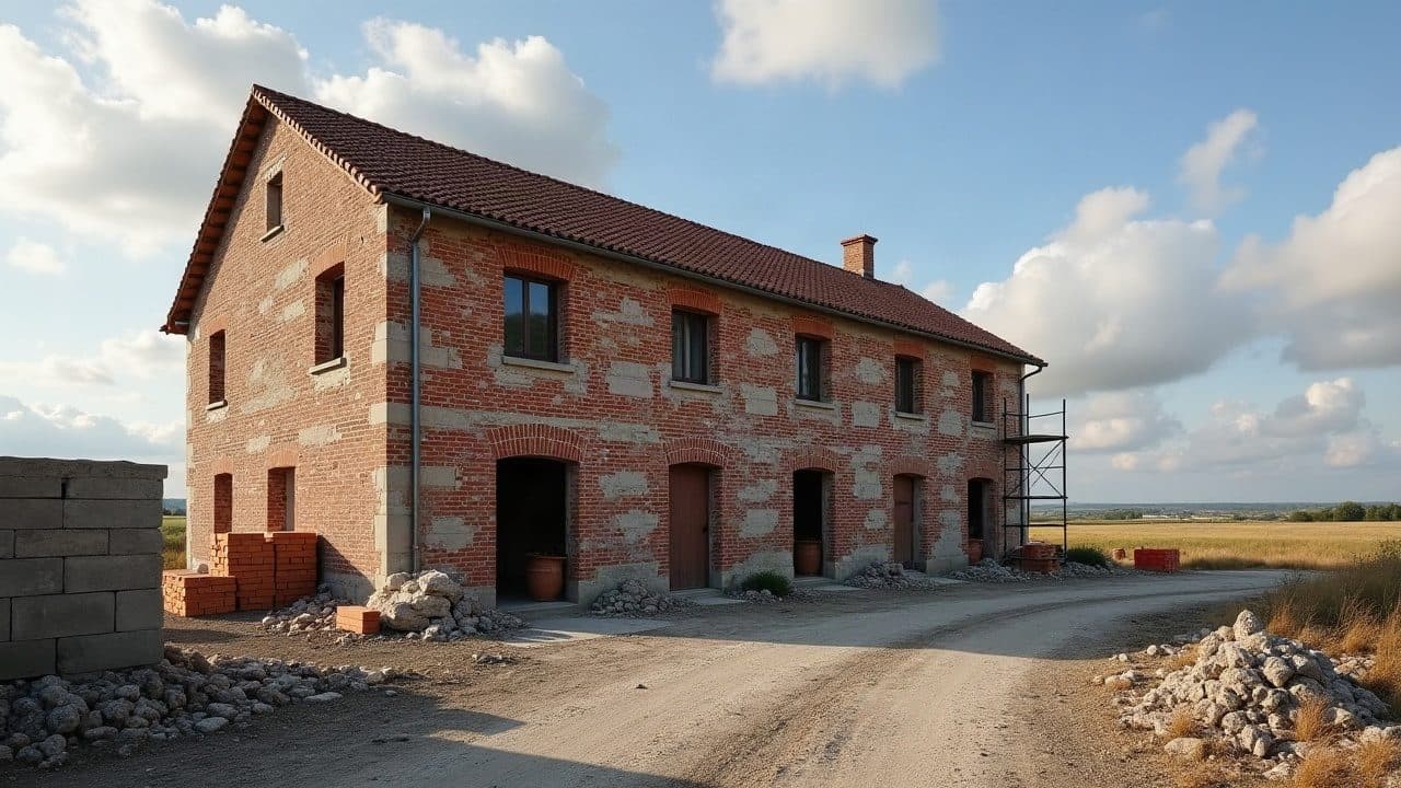Grande ferme en brique et pierre dans la campagne de Marboz, échafaudage et briques empilées, large ciel sur la plaine agricole