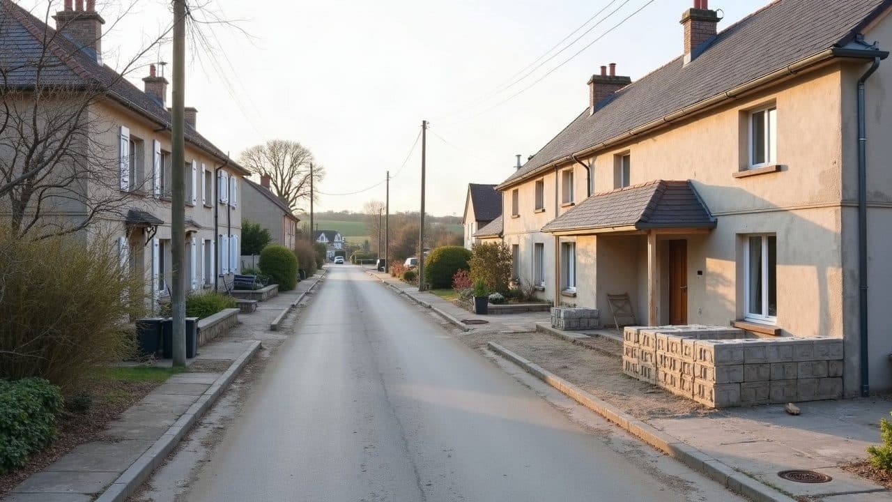 Rue de Montagnat s'ouvrant sur la campagne aux portes de Bourg-en-Bresse, mur en parpaing en cours de montage devant une maison