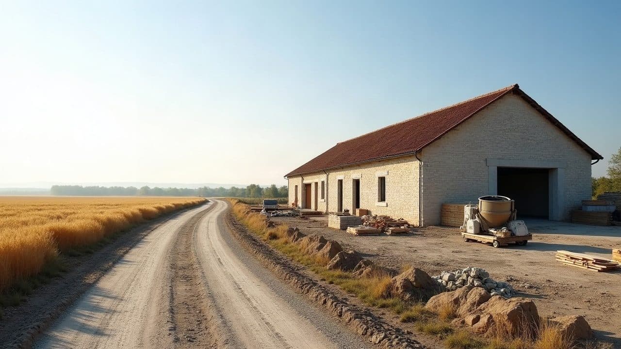 Bâtiment agricole en lisière d'un champ de blé à Montrevel-en-Bresse, bétonnière et matériaux de chantier au bord du chemin