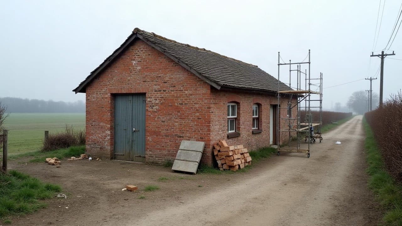 Dépendance agricole en brique dans la campagne brumeuse de Polliat, échafaudage et pile de briques au pied du pignon, chemin bordé de haies