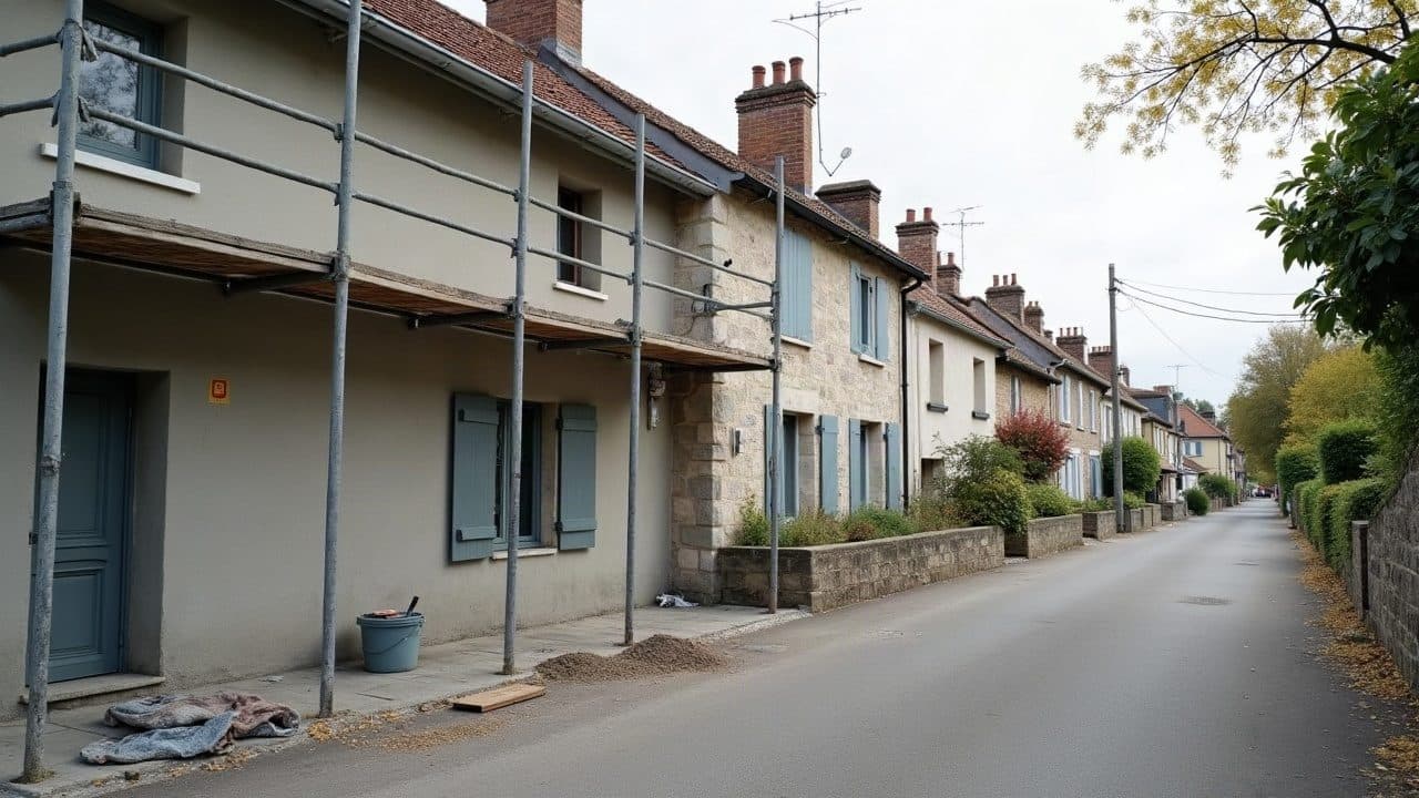 Rue résidentielle de Saint-Denis-lès-Bourg en continuité avec Bourg-en-Bresse, échafaudage et seau de mortier devant une façade en cours d'enduit