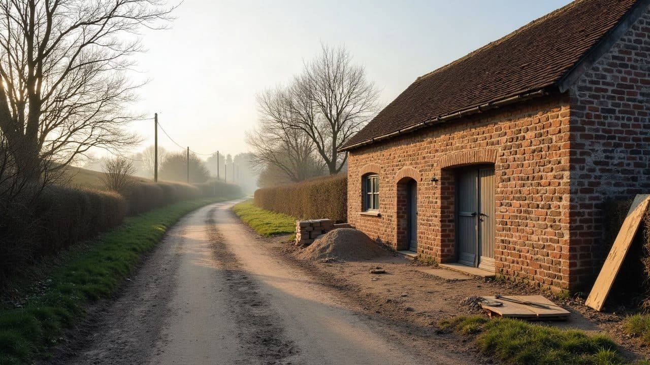 Chemin de campagne entre plaine et Revermont à Saint-Étienne-du-Bois, ferme en brique avec tas de sable et matériaux au pied du mur