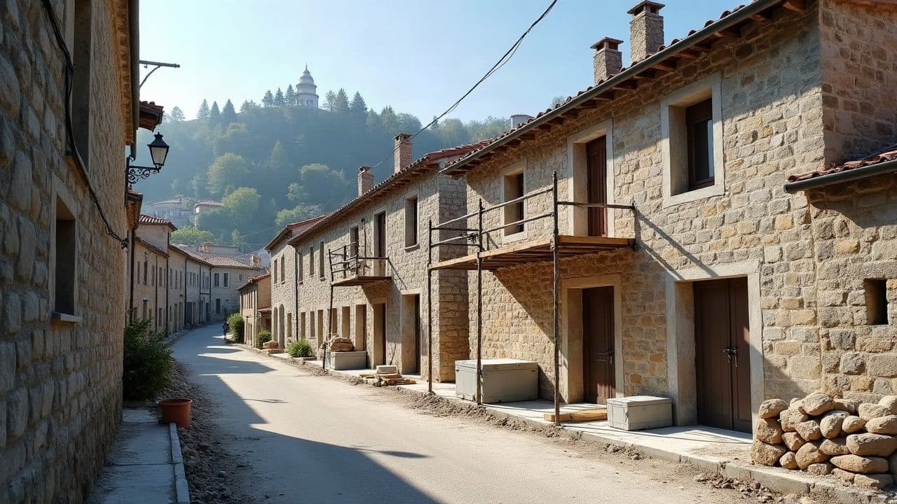 Rue en pente d'un village de Val-Revermont au pied du plateau du Revermont, façades en pierre, échafaudages sur deux maisons, colline boisée en arrière-plan