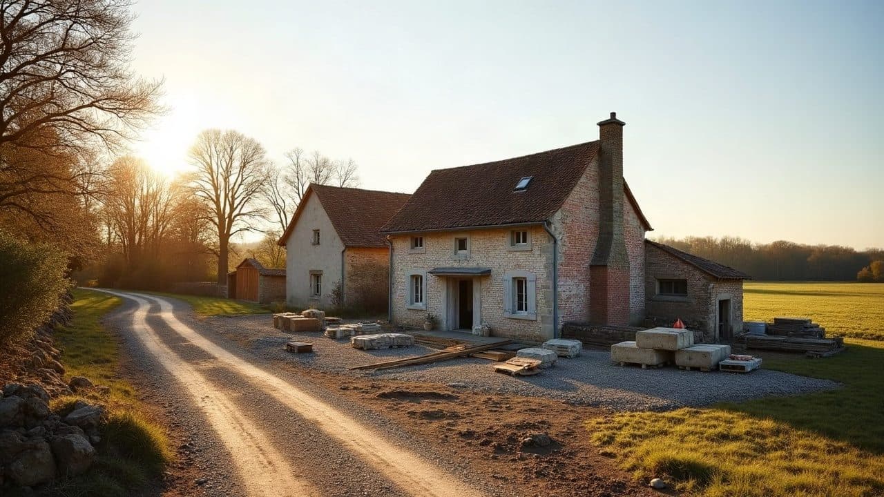 Ferme bressane isolée dans la plaine agricole de Viriat au lever du soleil, chemin de gravier, extension maçonnée en cours de construction à côté du bâtiment