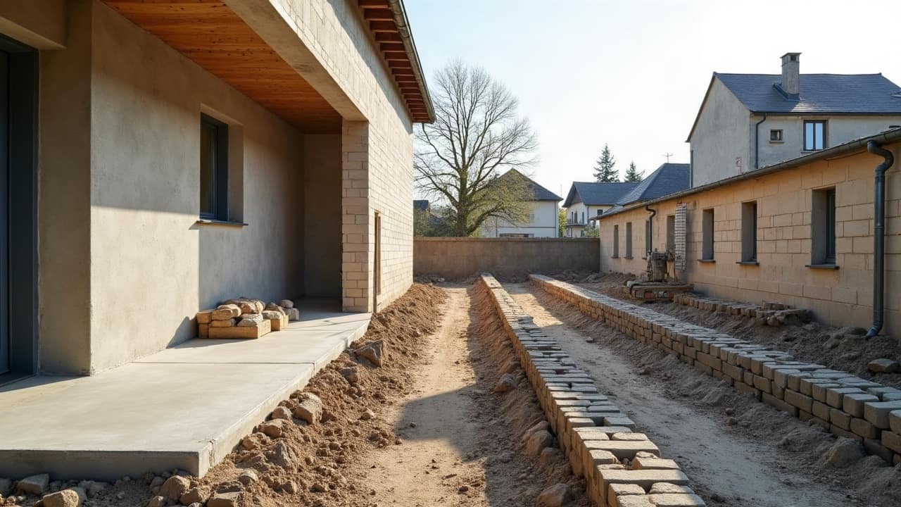 Terrain avec l'emprise au sol d'une maison existante délimitée au cordeau, avant implantation d'une extension