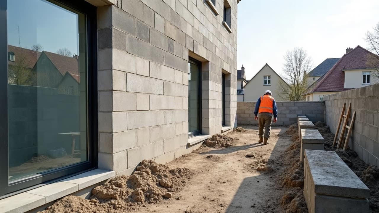 Murs en parpaing d'une extension montés jusqu'au niveau du chaînage, chantier encore ouvert avant la fermeture
