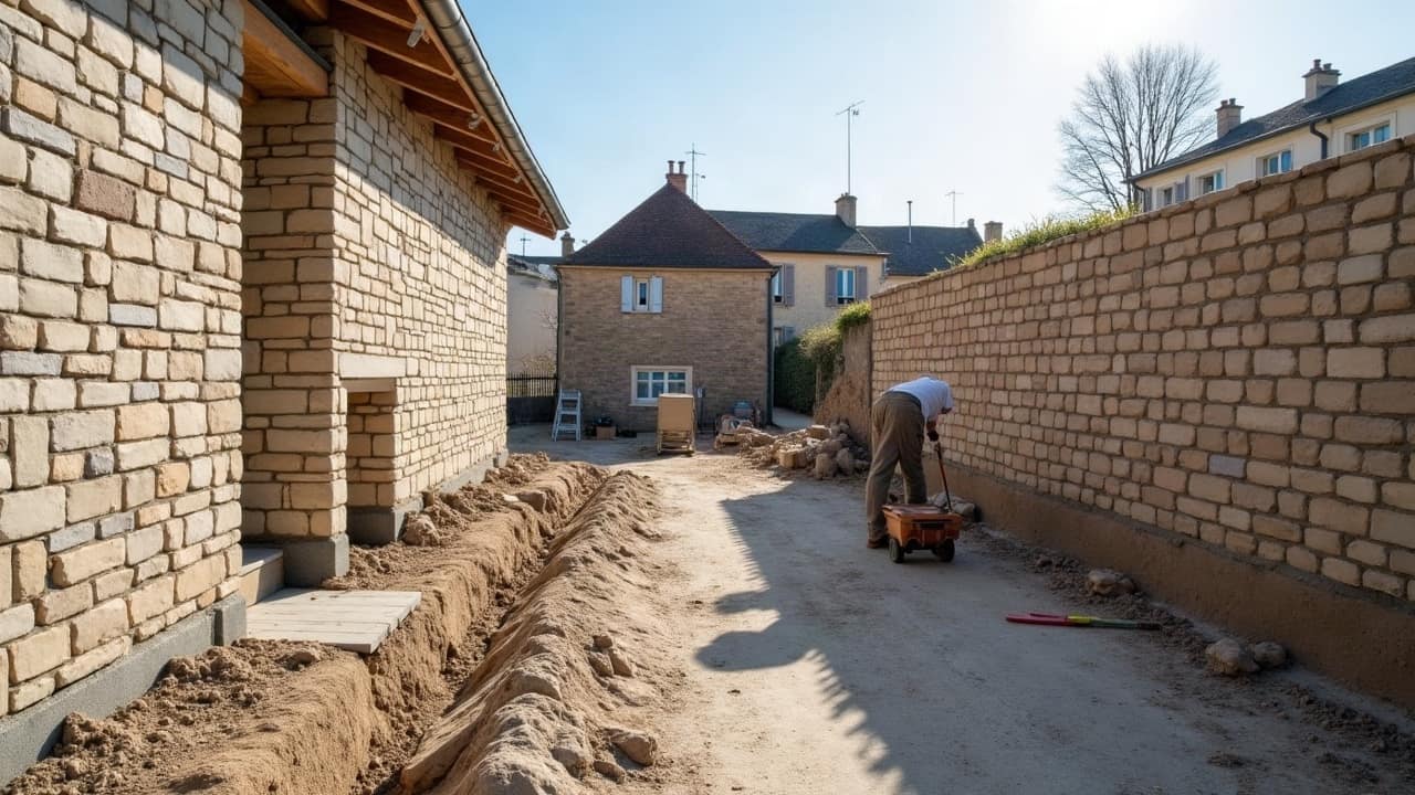 Tronçon de fondation ancienne excavé sous un mur en galets, prêt à recevoir une nouvelle assise en béton
