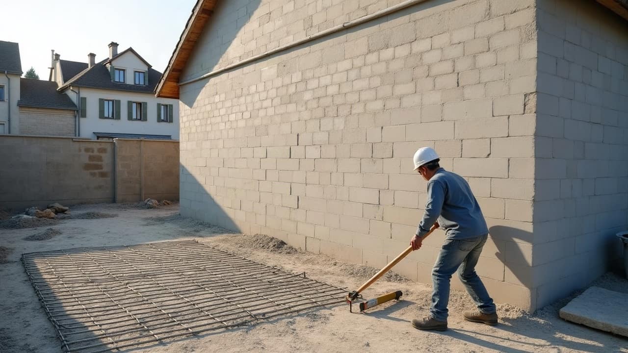 Isolant rigide fixé sur un mur maçonné, treillis d'armature posé avant application de l'enduit de finition