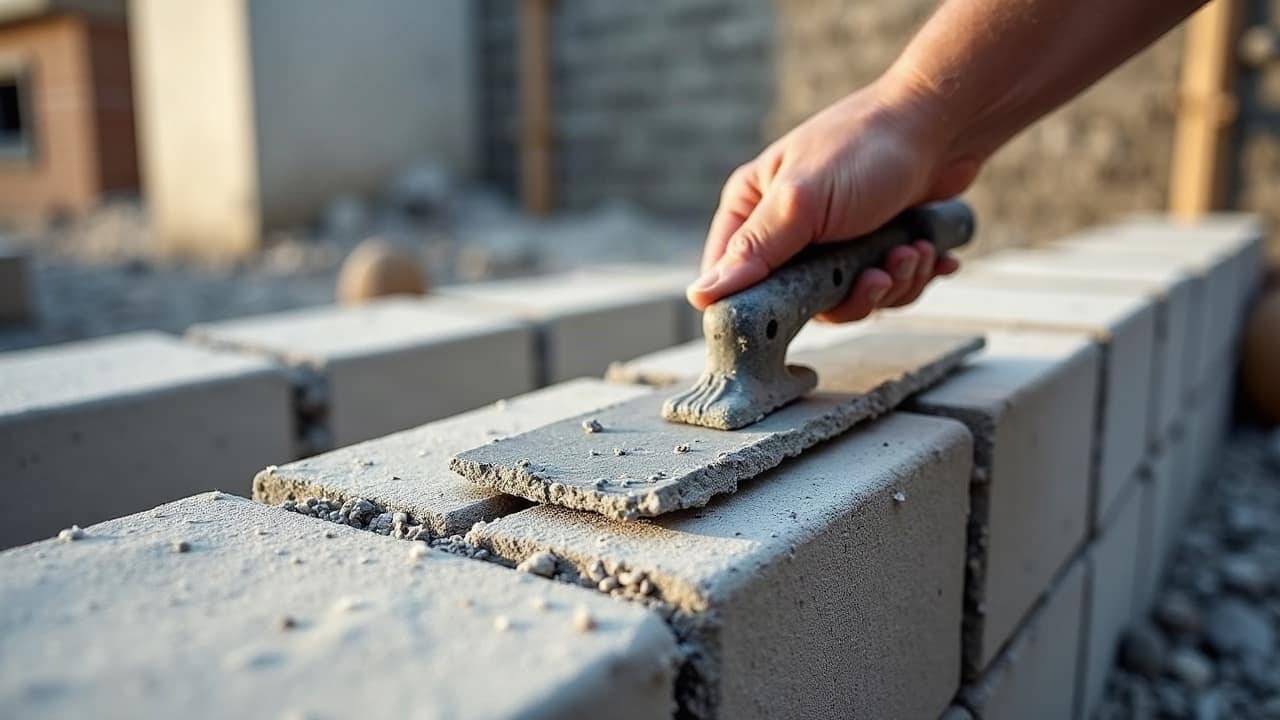 Truelle appliquant du mortier dans un joint entre deux blocs de parpaing, garnissage en cours