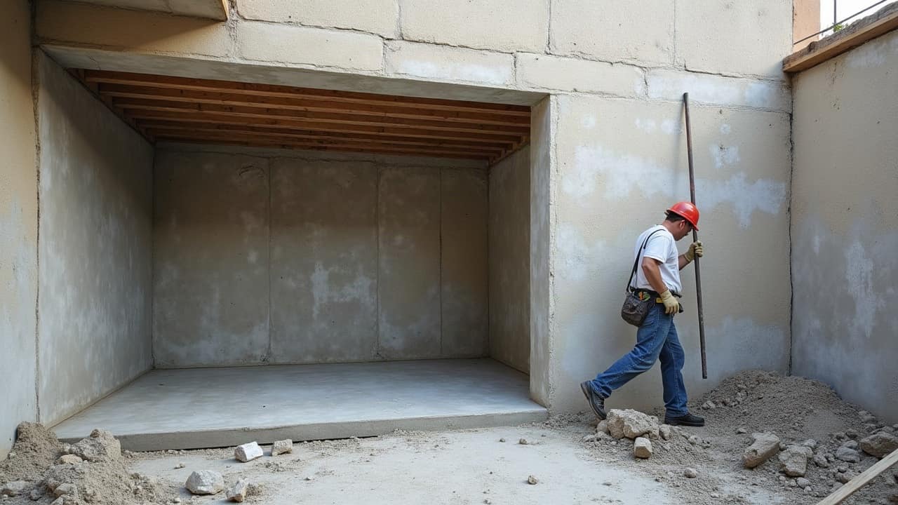 Linteau en béton armé fraîchement coulé au-dessus d'une ouverture, coffrage encore en place sur les côtés