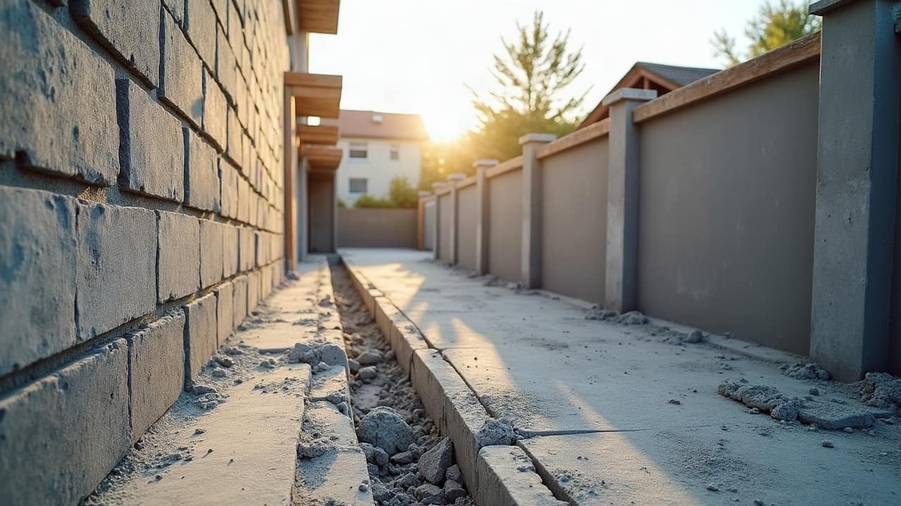 Mur de clôture en parpaing enduit, hauteur régulière, en limite de propriété entre deux jardins