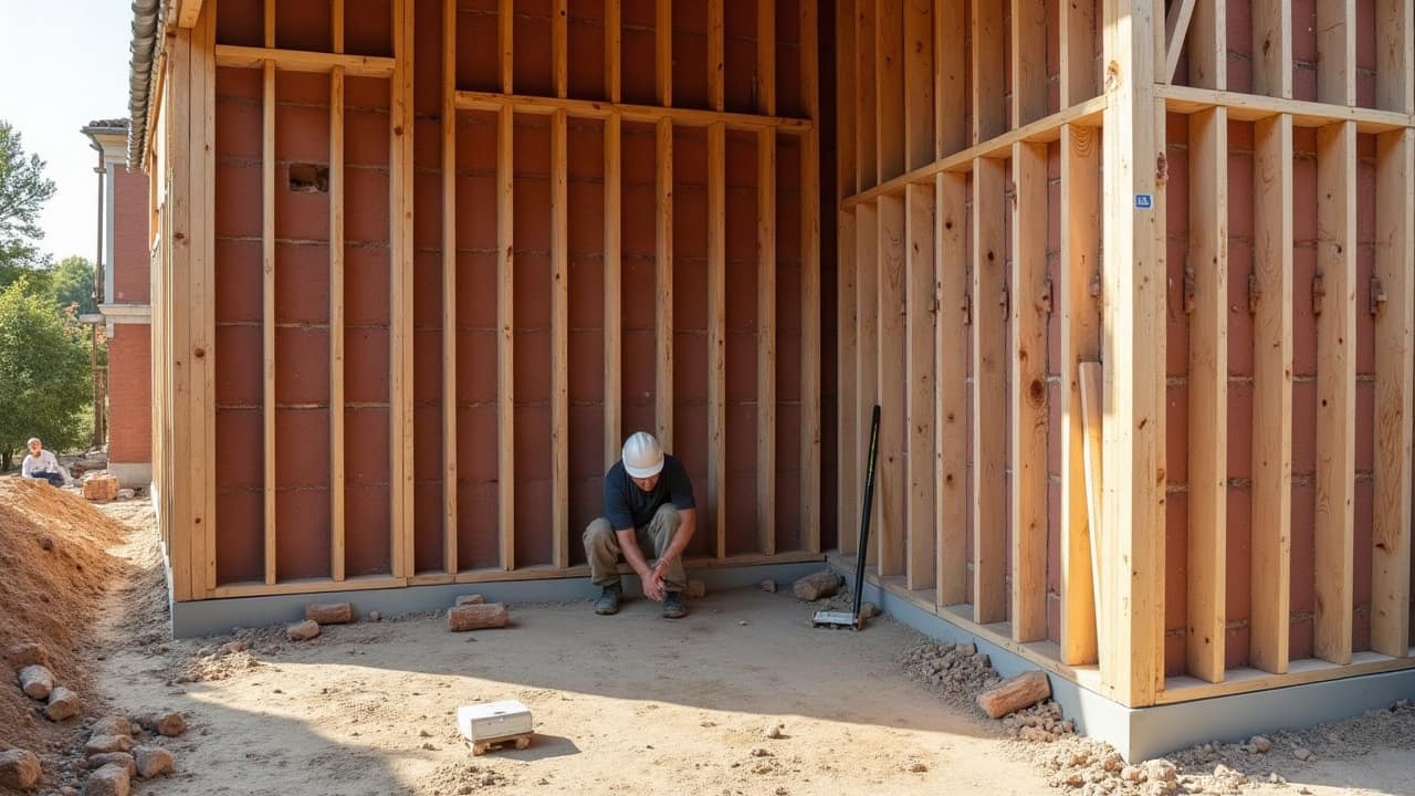Détail d'une façade à pans de bois avec remplissage de brique en losange, ossature de bois apparente