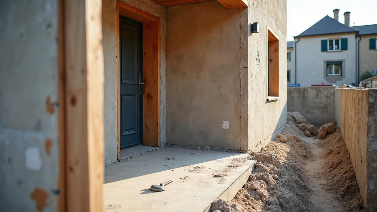 Raccord entre une dalle d'extension neuve et le seuil d'une maison existante, transition de niveau traitée
