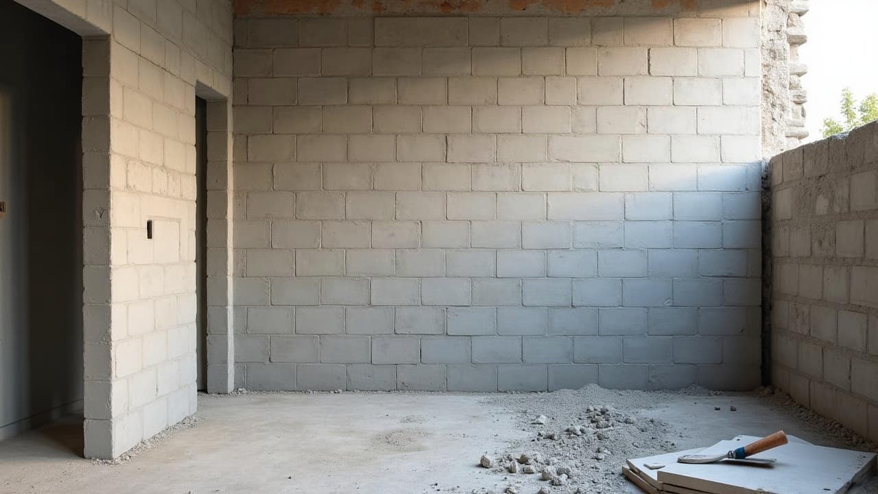 Mur intérieur en parpaing partiellement dégarni de son enduit, épaisseur et matériau visibles avant travaux