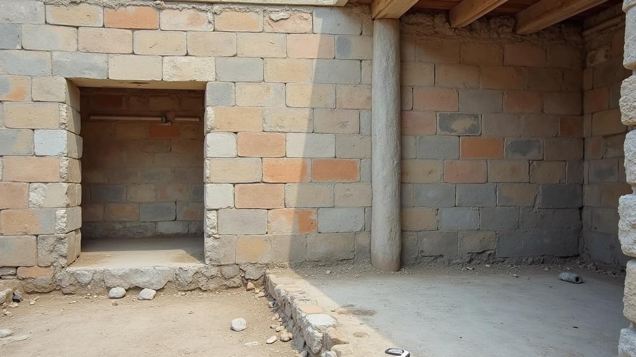 Base d'un mur ancien avec un dépôt de sels minéraux caractéristique d'une remontée d'humidité depuis le sol