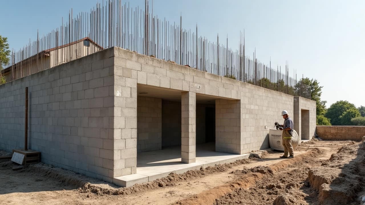 Renforcement d'un mur porteur existant en vue d'une surélévation, ferraillage complémentaire posé avant reprise
