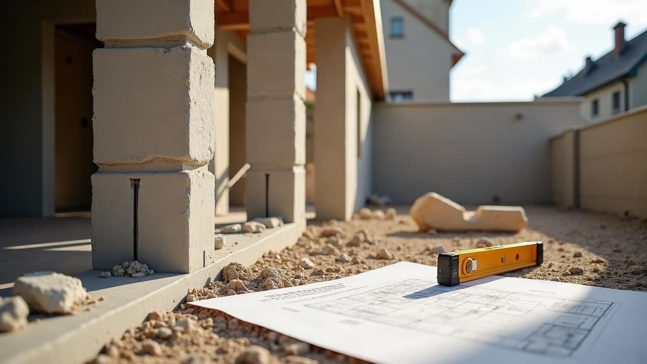 Devis détaillé de travaux de maçonnerie posé sur une table de chantier, à côté d'un plan d'extension